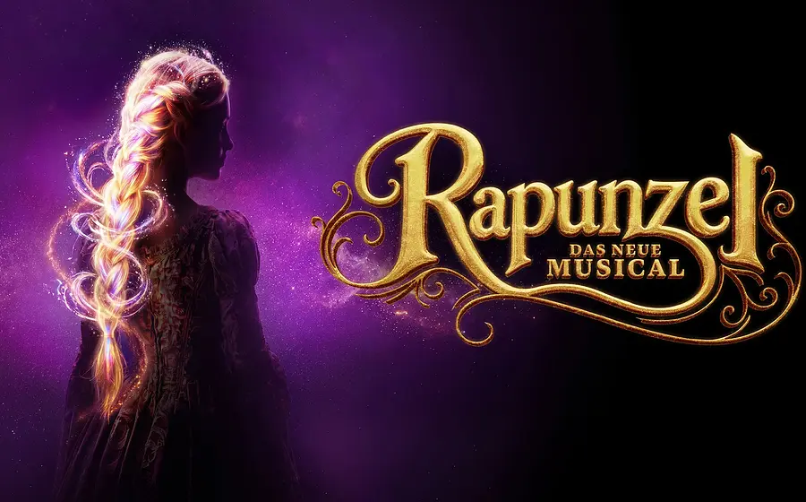 Werbegrafik für Rapunzel – Das neue Musical mit einer Frau im Profil vor violettem Hintergrund und langem leuchtendem Zopf sowie goldenem Titelschriftzug.