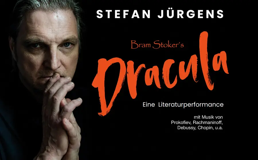 Plakat für die Veranstaltung Stefan Jürgens liest Bram Stoker’s Dracula mit dem Künstler und weiß‑orangefarbener Typografie vor schwarzem Hintergrund