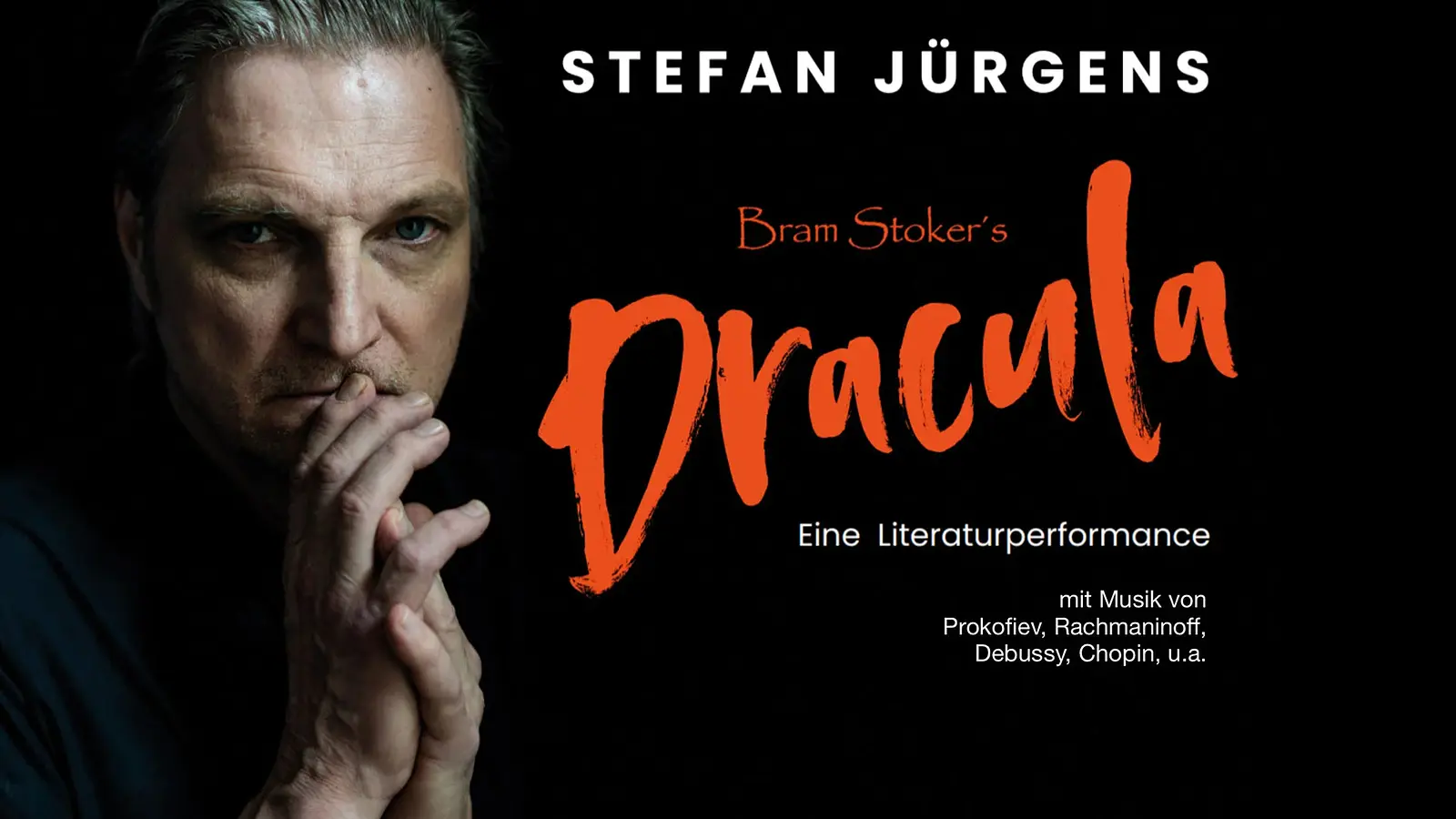 Plakat für die Veranstaltung Stefan Jürgens liest Bram Stoker’s Dracula mit dem Künstler und weiß‑orangefarbener Typografie vor schwarzem Hintergrund