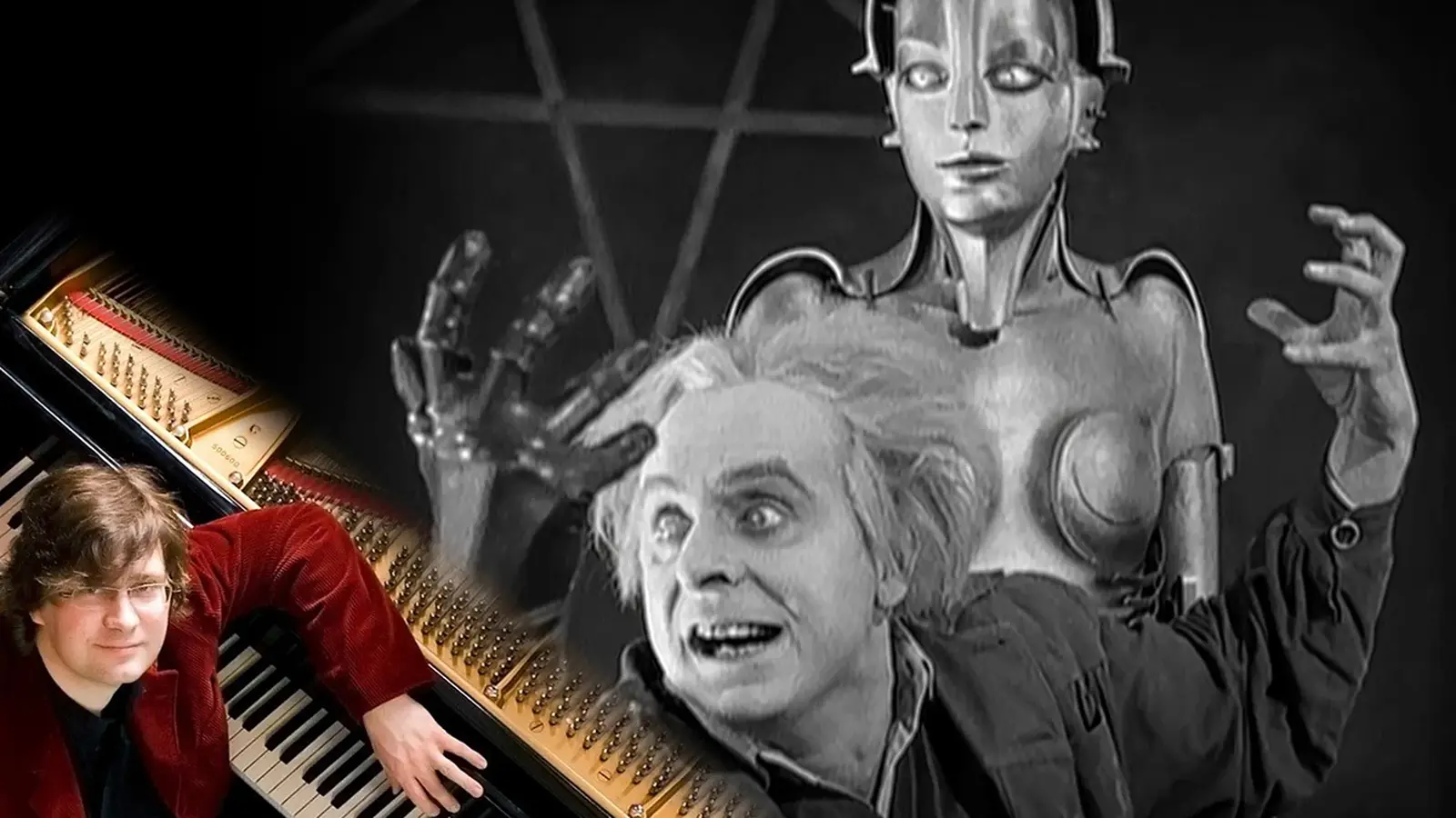 Motiv Metropolis mit schwarzweißer Filmszene einer futuristischen Roboterfigur und einer Person mit wildem Haar, daneben Porträt am Flügel vor geöffneter Klaviatur, in Collagegestaltung zum Stummfilmklassiker Metropolis.
