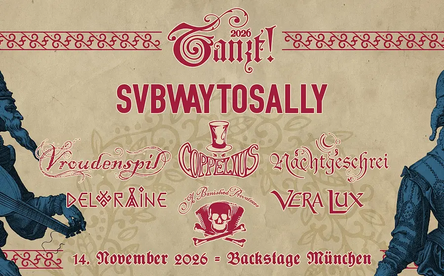 Vintage-Poster Tanzt! 2026 mit Bandnamen und Datum 14. November 2026 – Backstage München, dekoriert mit stilisierten Musikerfiguren.