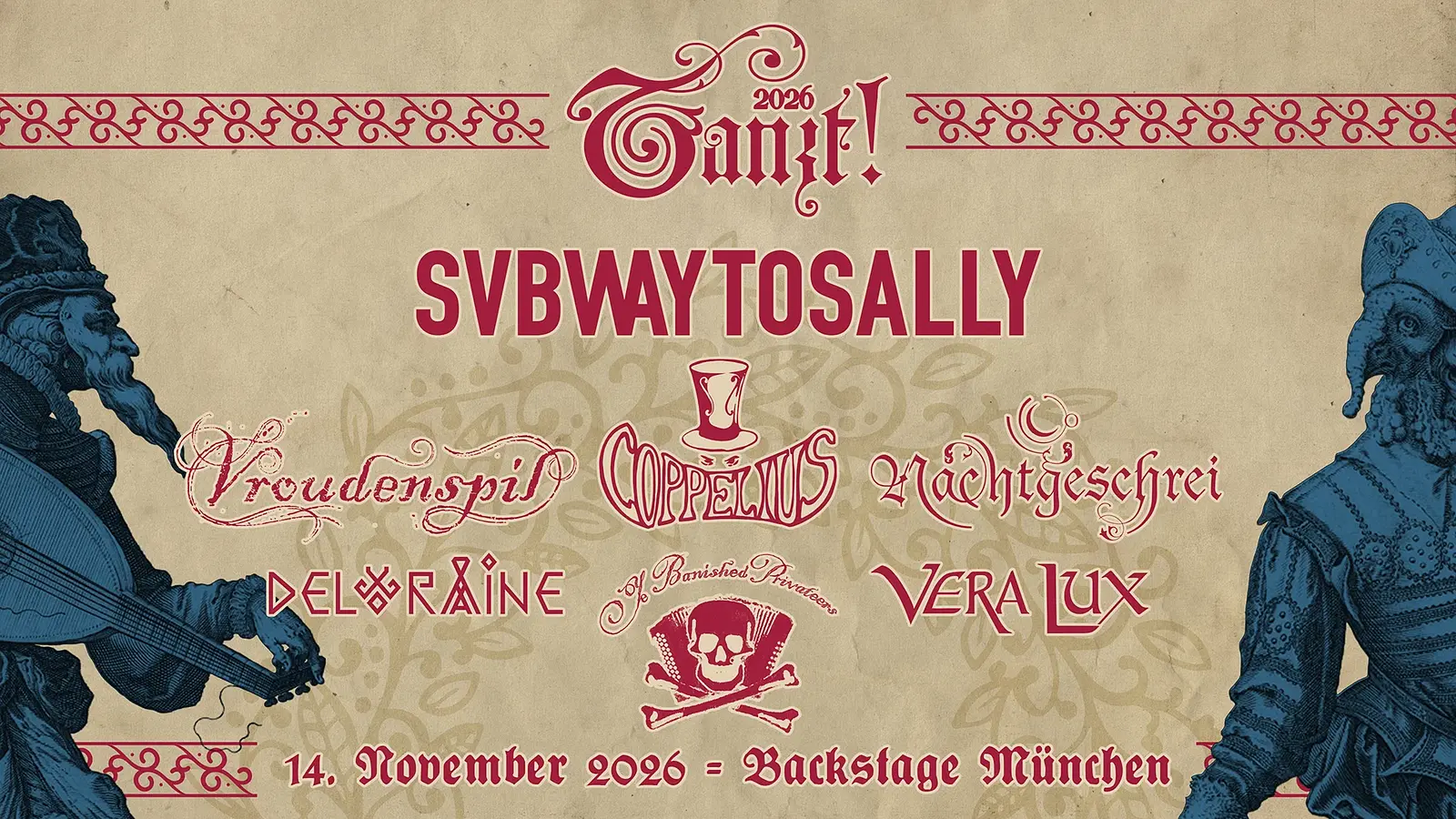 Vintage-Poster Tanzt! 2026 mit Bandnamen und Datum 14. November 2026 – Backstage München, dekoriert mit stilisierten Musikerfiguren.