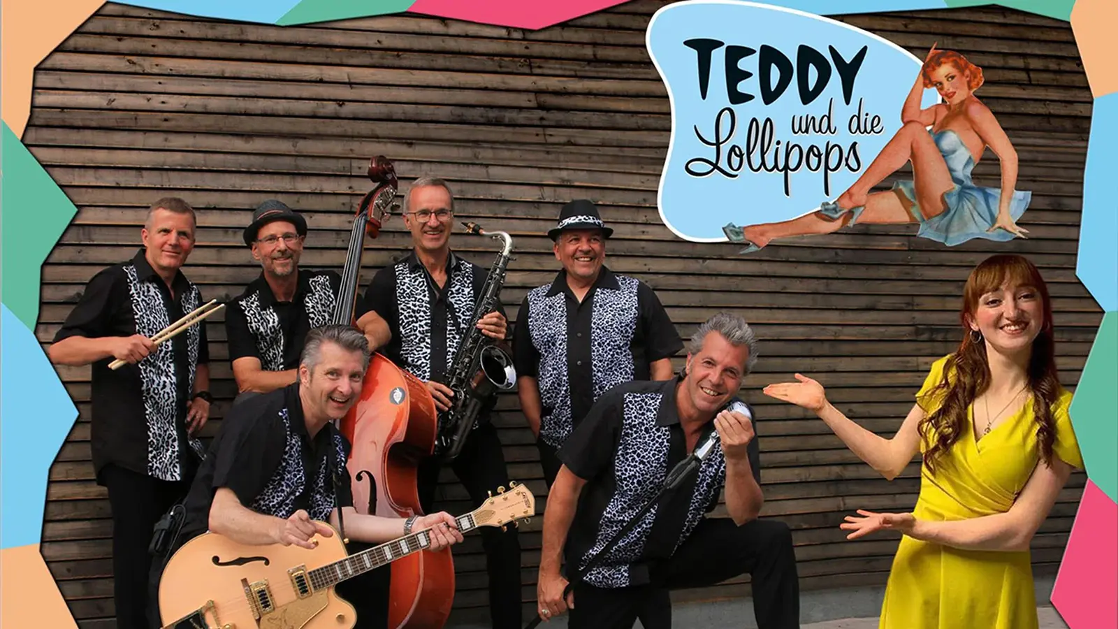 Bandfoto von Teddy und die Lollipops mit sechs Musikerinnen und Musikern vor einer Holzwand, darunter Gitarre, Kontrabass, Saxofon und Schlagzeugstöcke, sowie einer Person im gelben Kleid im Vordergrund neben dem Schriftzug Teddy und die Lollipops.