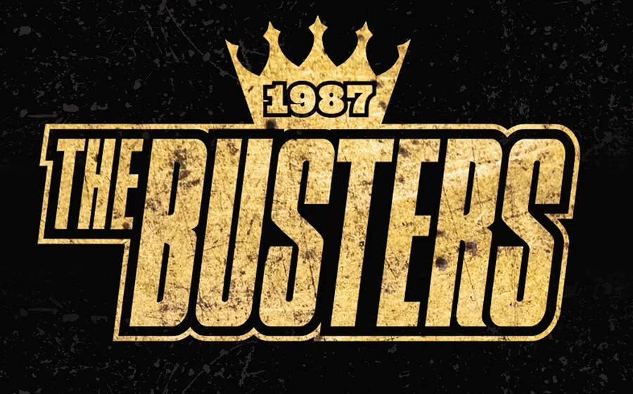 Logo der Band The Busters mit goldener Schrift und Krone auf schwarzem Hintergrund, darüber die Jahreszahl 1987
