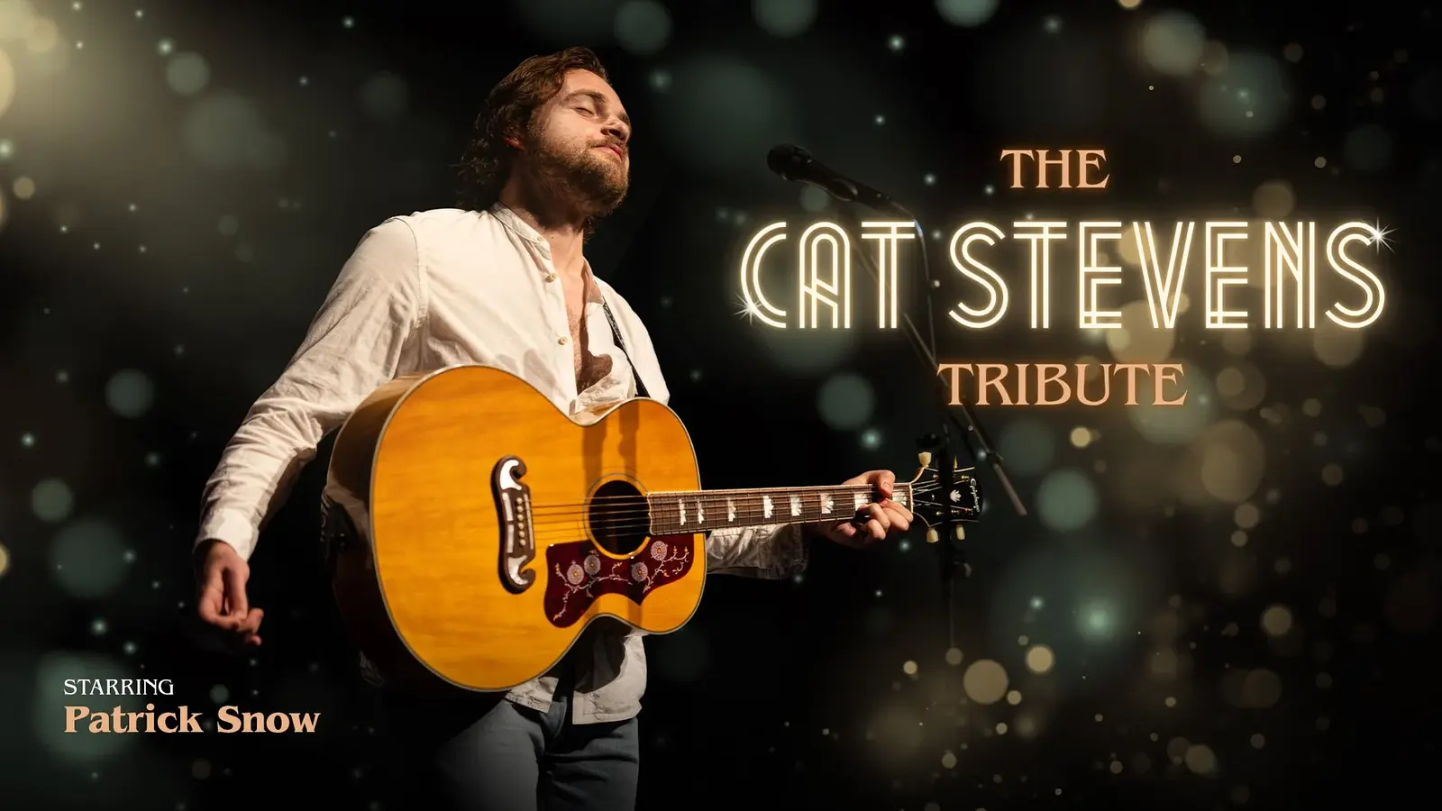 Plakat Cat Stevens Tribute mit Foto von Oatrick Snow mit Gitarre vor dunklem Hintergrund mit Spiegelungen