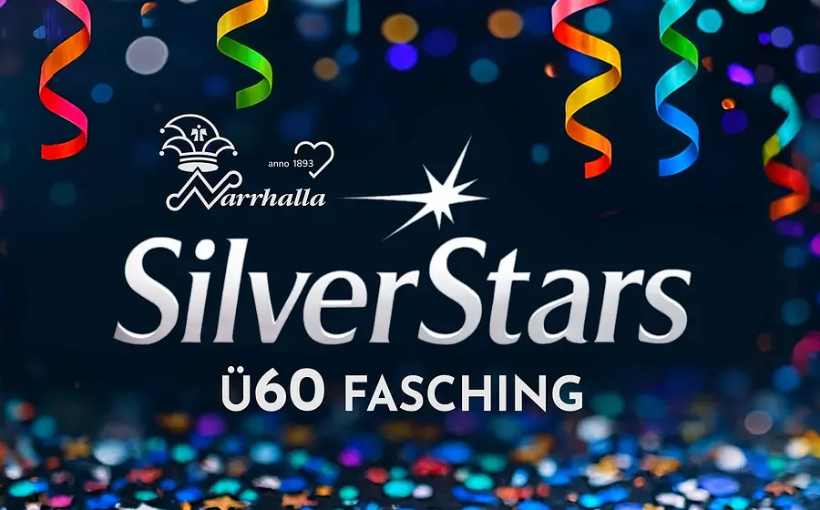 Dunkelblaues Plakat mit weißem Schriftzug SilverStars Ü60 Fasching mit Logo Narhalle und bunten Luftschlangen und Konfetti