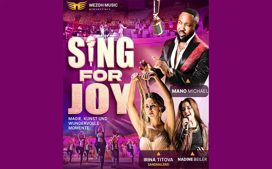 Plakat Sing for Joy mit Bühne, Sängerinnen und Sängern sowie Show-Elementen in pink-violetten Farben