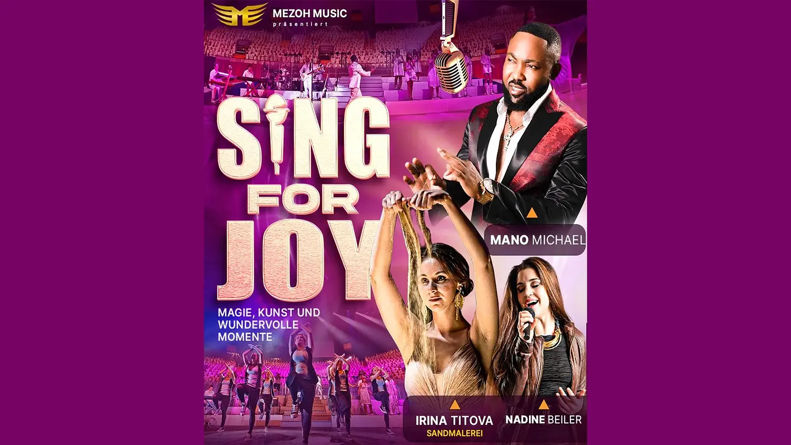 Plakat Sing for Joy mit Bühne, Sängerinnen und Sängern sowie Show-Elementen in pink-violetten Farben