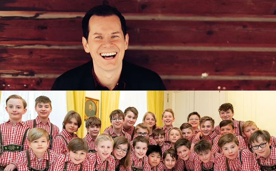 Collage aus zwei Bildern, ein Gruppenfoto großer Kinderchor in rot karierten Hemden und Lederhosen in hellem Raum sowie eine lachende Person vor Holz Hintergrund