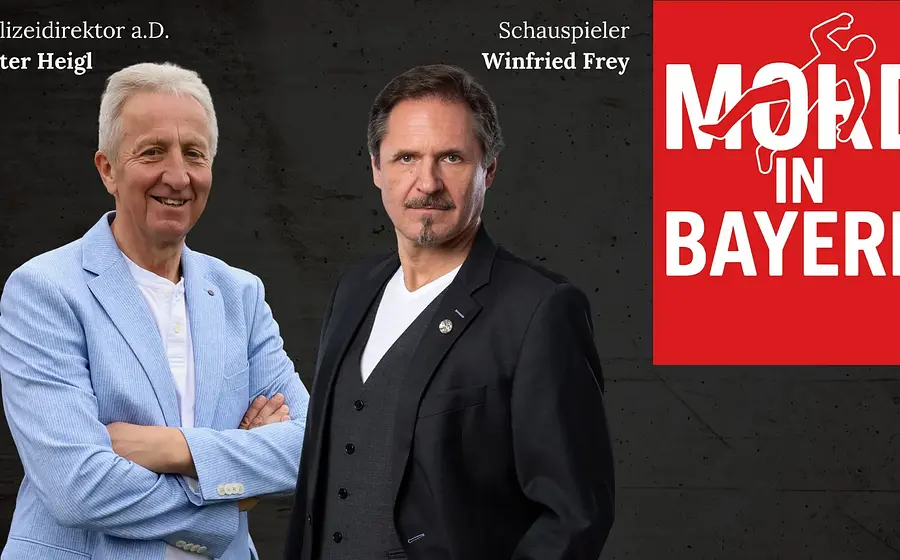 Plakat mit den Darstellern Peter Heigl und Winfried Frey vor dunklem Hintergrund, rechts rotes Feld mit weißer Schrift Mord in Bayern
