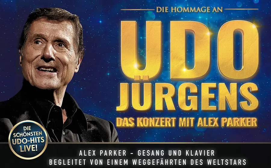 Plakat mit einem Bild von Udo Jürgens auf blauem hintergrund mit Aufschrift in gold zum Konzert Udo Jürgens mit Alex Parker
