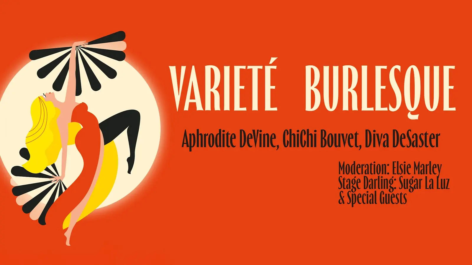 „Varieté Burlesque“ – grafisches Poster mit stilisierter Tänzerin im Retro-Stil, Ankündigung einer Burlesque-Show mit Aphrodite DeVine, ChiChi Bouvet und Diva DeSaster.