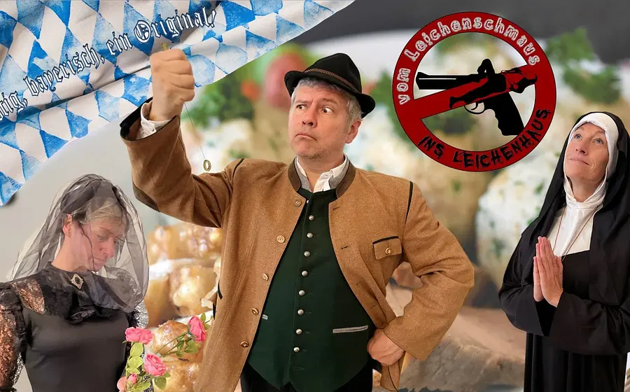 Plakat Krimidinner Von Leichenschmaus ins Leichenhaus mit drei Darstellenden vor einem unscharfen Hintergrund mit Knödelspeise, eine Person in Trachtenjacke hält einen Ring hoch, daneben eine Figur in schwarzer Trauerkleidung und eine Person im Nonnenkostüm, ergänzt durch den roten Schriftzug Von Leichenschmaus ins Leichenhaus.