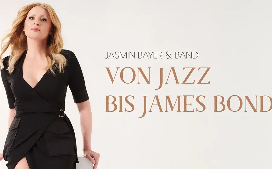 Person in schwarzer Kleidung vor hellem Hintergrund mit dem Titel Von Jazz bis James Bond.