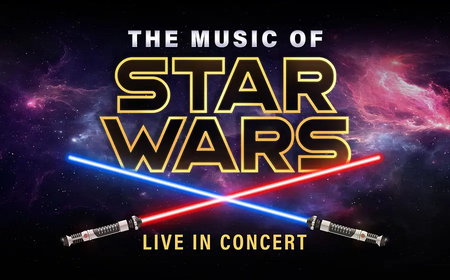 Plakat für The Music of Star Wars – Live in Concert mit gekreuzten roten und blauen Lichtschwertern vor einem galaktischen Sternenhintergrund.