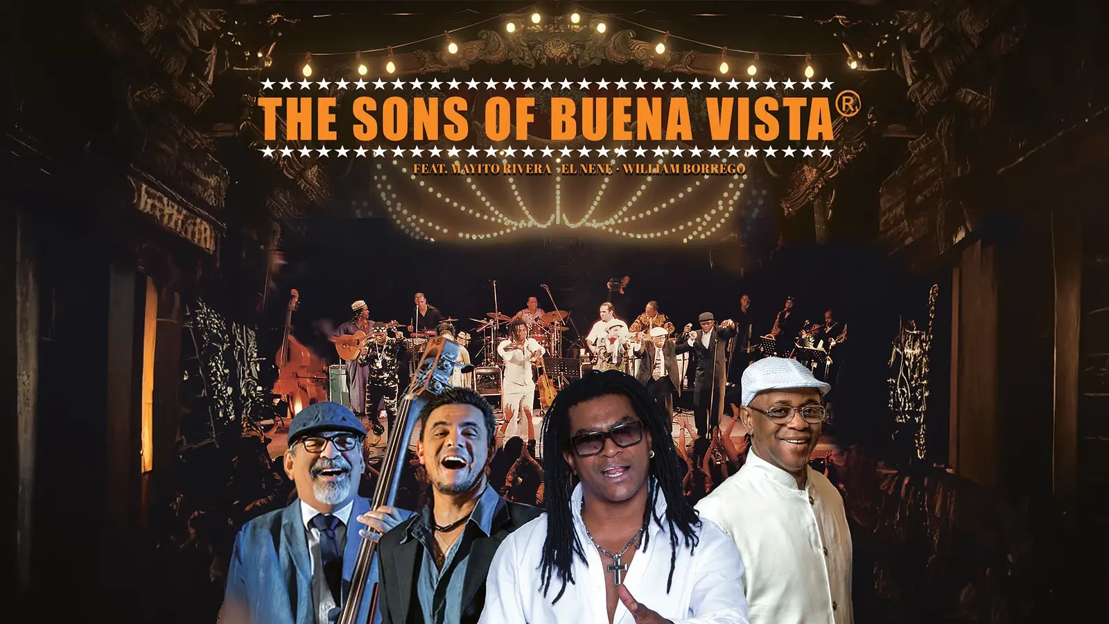 Bandfoto von The Sons of Buena Vista vor einer Konzertbühne mit mehreren Musikern und beleuchtetem Hintergrund.