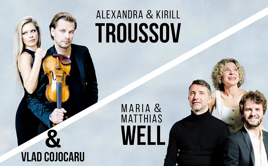 Plakat mit Alexandra und Kirill Troussov sowie Maria und Matthias Well und Vlad Cojocaru vor hellgrauem Hintergrund, links ein Duo mit Violine und rechts ein Trio in dunkler Konzertkleidung, getrennt durch eine diagonale weiße Linie mit den Namen der Mitwirkenden.
