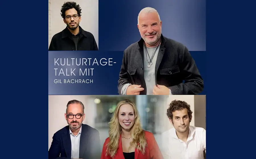 Veranstaltungsgrafik der Jüdischen Kulturtage mit mehreren Porträtfotos von Mitwirkenden. Zentral platziert sind der Titel Kulturtage-Talk mit Gil Bachrach sowie weitere Porträts im oberen und unteren Bildbereich