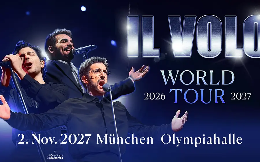 Das Plakat für die Veranstaltung IL VOLO mit den drei Künstlern und einer metallic-farbenen Typografie mit ihrem Namen, alles vor blauem Hintergrund.