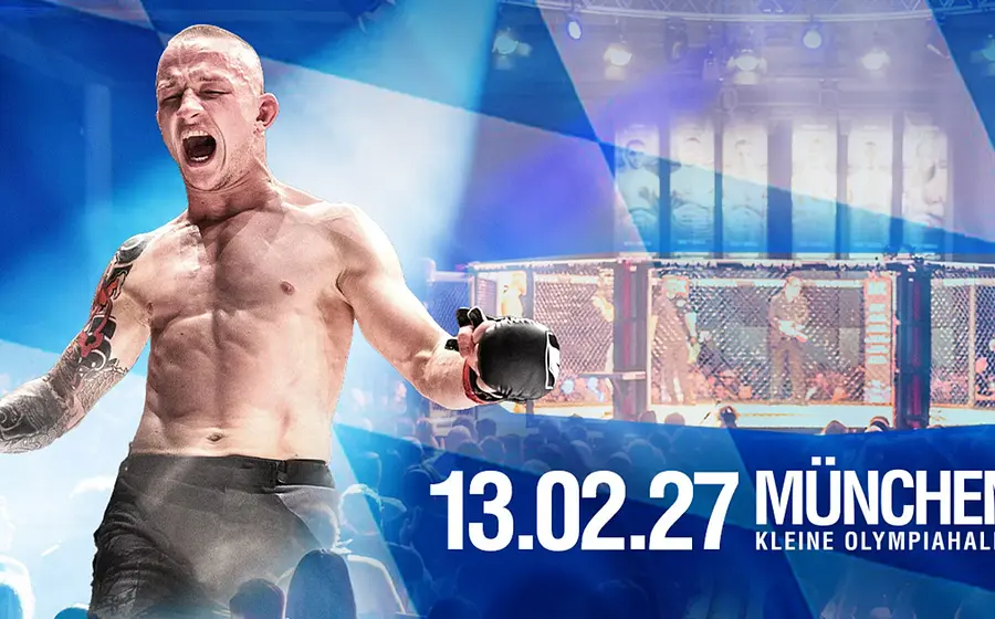 Foto für die Veranstaltung ‚We love MMA 93‘ mit einem Boxer, der Stadt München im Hintergrund und einer weißen Typografie.