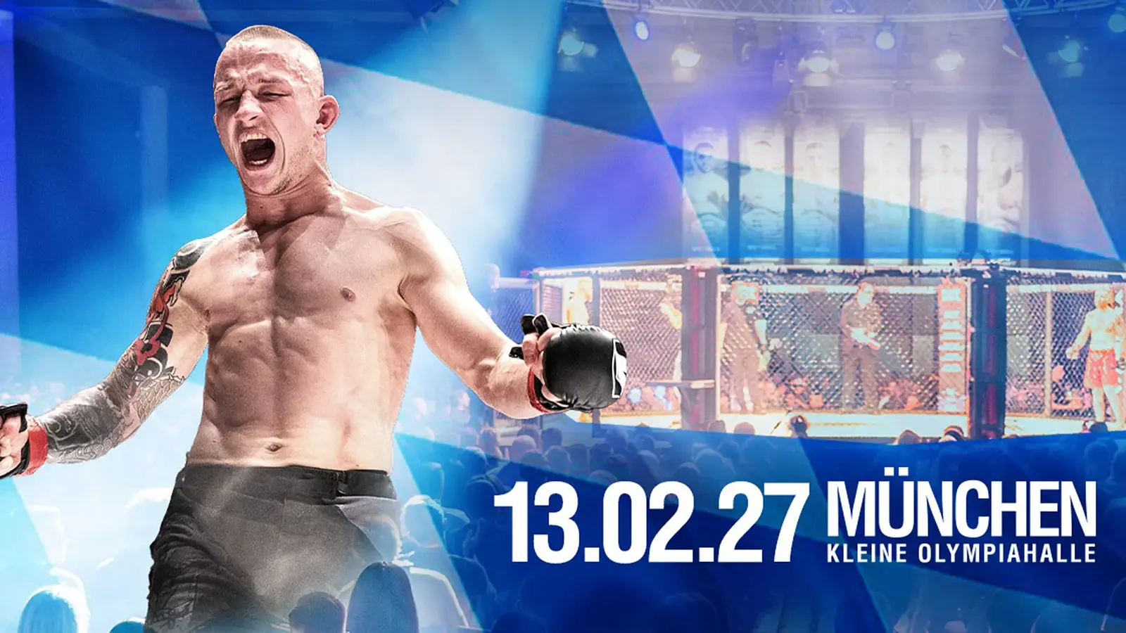 Foto für die Veranstaltung ‚We love MMA 93‘ mit einem Boxer, der Stadt München im Hintergrund und einer weißen Typografie.