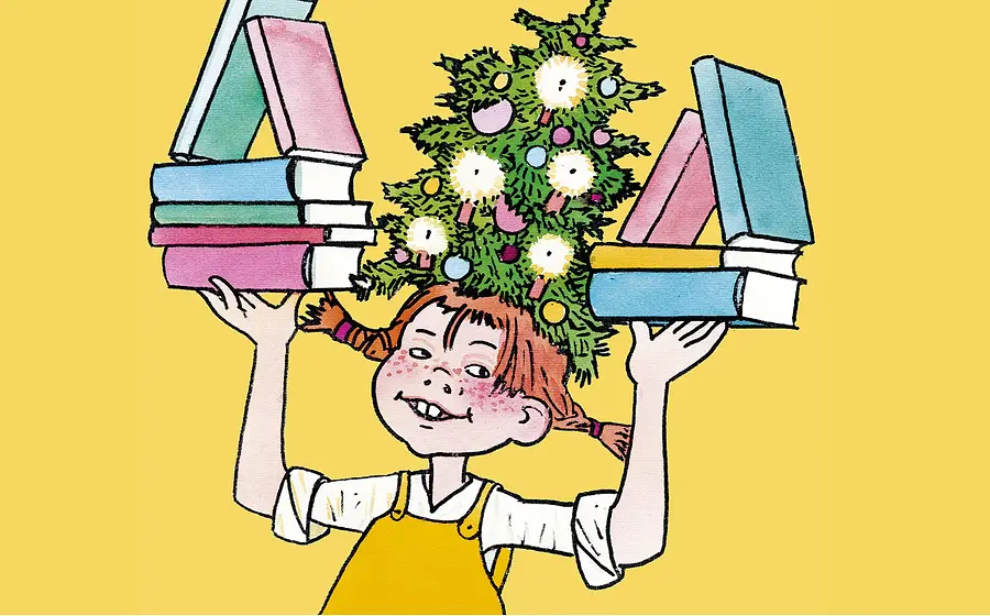Illustratives Motiv nach Astrid Lindgren mit Kind, das Bücher balanciert und einen geschmückten Weihnachtsbaum auf dem Kopf trägt, vor gelbem Hintergrund