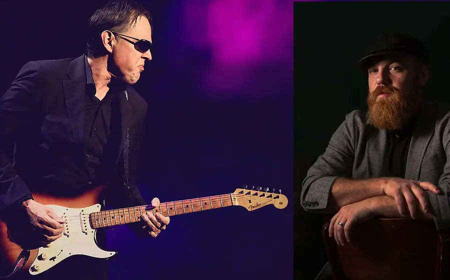 Collage mit Joe Bonamassa mit Gitarre auf beleuchteter Bühne und Marc Broussard als Porträt mit Bart und Mütze vor dunklem Hintergrund