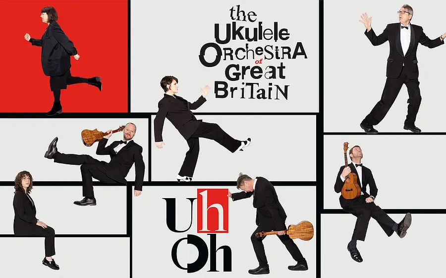 Collage mit mehreren Musikerinnen und Musikern in schwarzen Anzügen, einige mit Ukulelen in verschiedenen Posen vor grafischem Hintergrund – Motiv für „The Ukulele Orchestra of Great Britain“