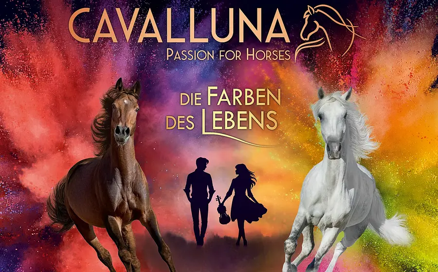 Grafik für CAVALLUNA – Die Farben des Lebens, mit zwei galoppierenden Pferden vor farbigem Pulverexplosions‑Hintergrund, zentrierter Silhouette eines Paares und eingeblendeter Titel der Veranstaltung