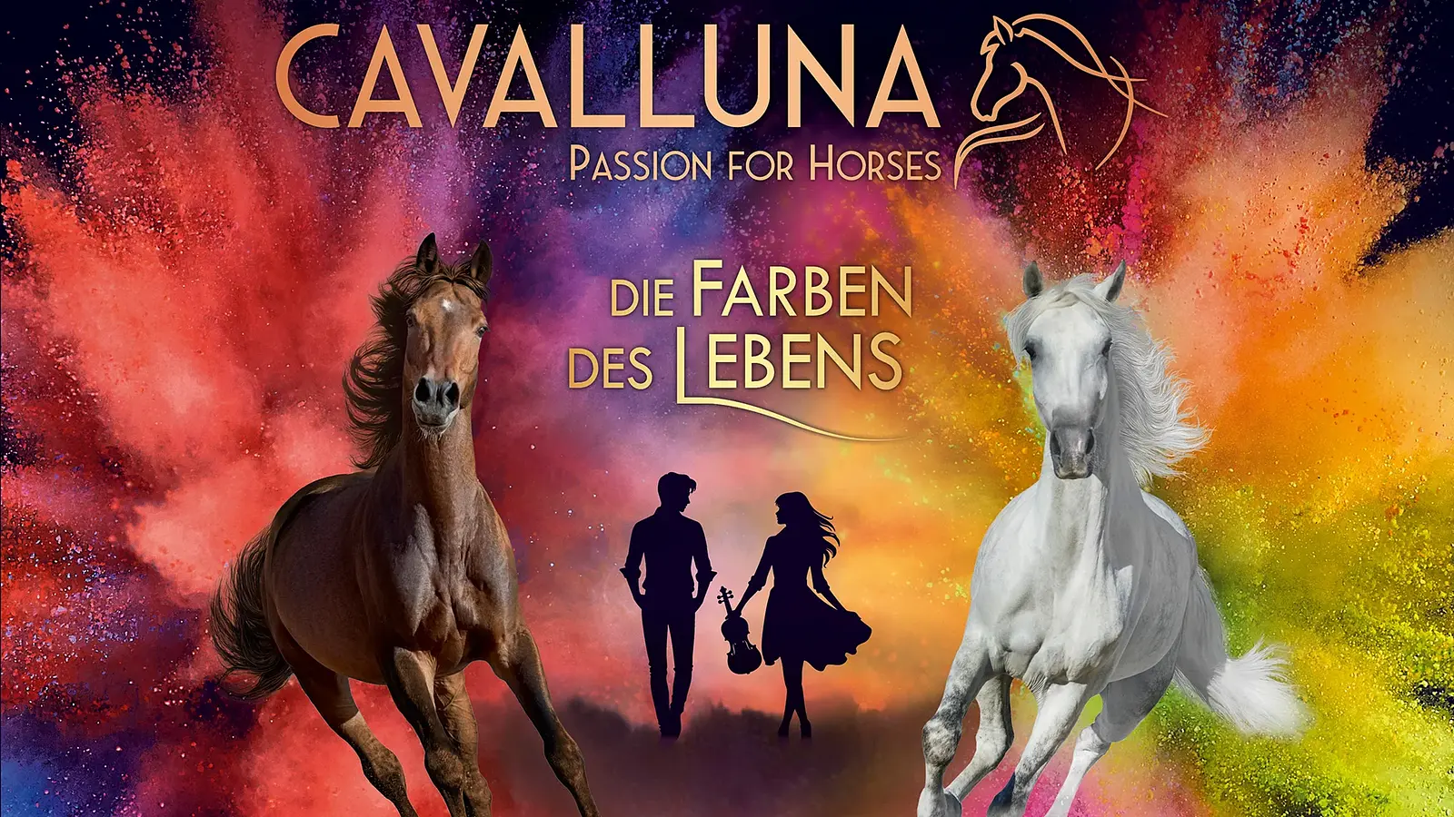 Grafik für CAVALLUNA – Die Farben des Lebens, mit zwei galoppierenden Pferden vor farbigem Pulverexplosions‑Hintergrund, zentrierter Silhouette eines Paares und eingeblendeter Titel der Veranstaltung