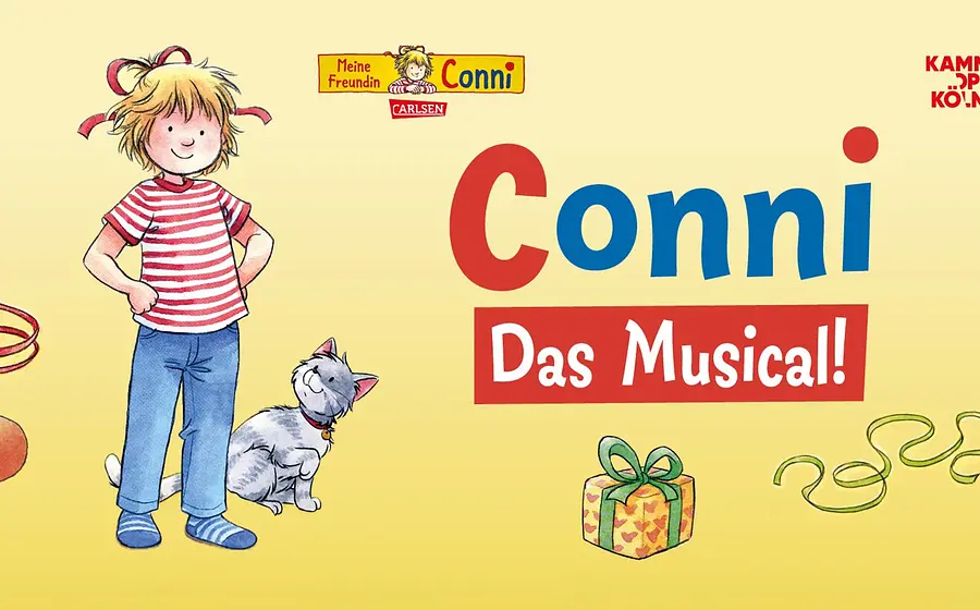 Illustration von Conni neben einem kleinen Hund, umgeben von Luftschlangen und einem Geschenk. Daneben der Schriftzug Conni – Das Musical! auf gelbem Hintergrund.