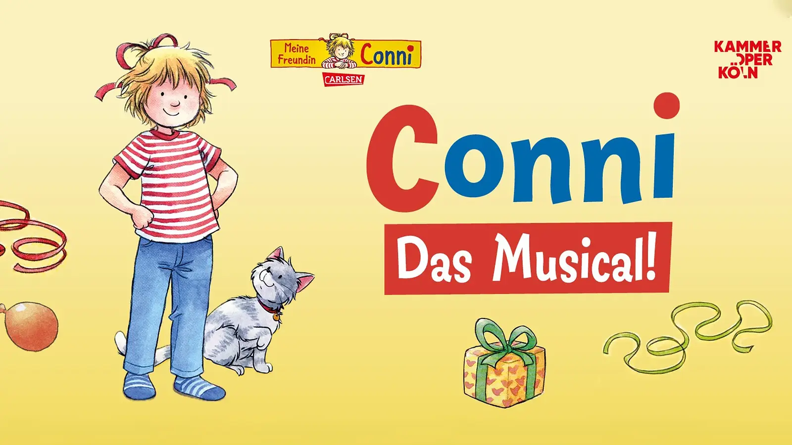 Illustration von Conni neben einem kleinen Hund, umgeben von Luftschlangen und einem Geschenk. Daneben der Schriftzug Conni – Das Musical! auf gelbem Hintergrund.