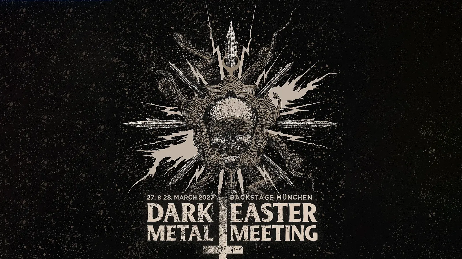 Plakat Dark Easter Metal Meeting 2027 mit stilisiertem Totenschädel auf einem umgedrehten Kreuz, umgeben von Schwertern und Schlangen vor schwarzem Hintergrund sowie dem Schriftzug Dark Easter Metal Meeting