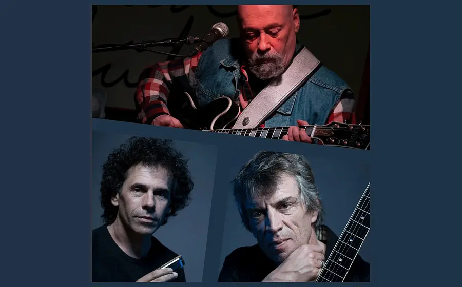 Collage mit drei Musikern. Oben spielt eine Person mit Bart E Gitarre an einem Mikrofon, darunter sind zwei Porträts zu sehen, eine Person mit Mundharmonika und eine weitere Person mit Akustikgitarre vor dunklem Hintergrund.