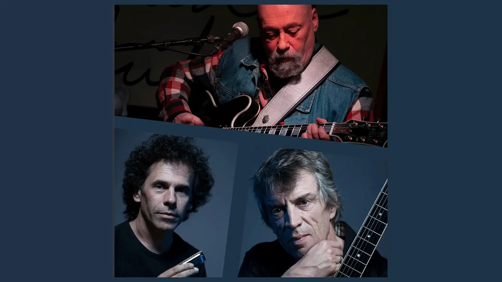 Collage mit drei Musikern. Oben spielt eine Person mit Bart E Gitarre an einem Mikrofon, darunter sind zwei Porträts zu sehen, eine Person mit Mundharmonika und eine weitere Person mit Akustikgitarre vor dunklem Hintergrund.
