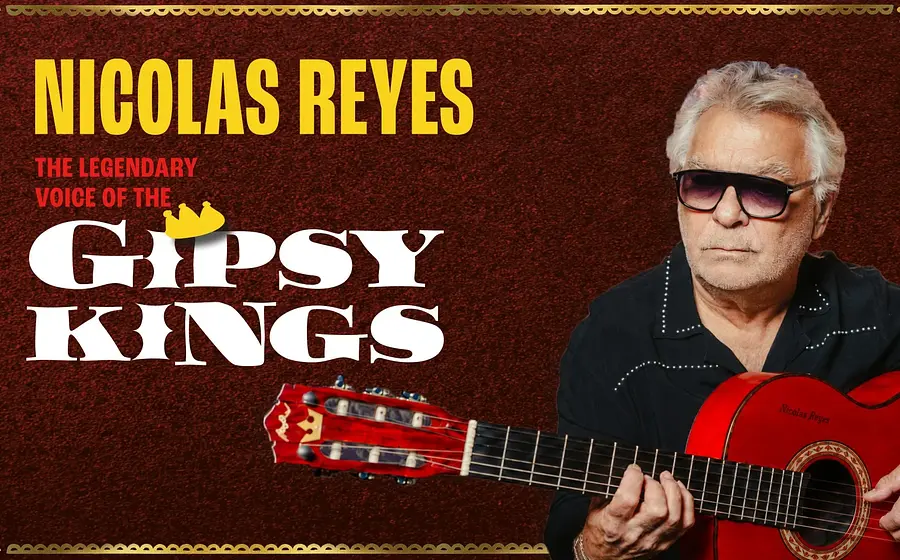 Plakatmotiv mit den Aufschriften Nicolas Reyes, The Legendary Voice of the Gipsy Kings und Gipsy Kings. Zu sehen ist eine Person mit Sonnenbrille und roter Flamencogitarre vor dunkelrotem Hintergrund mit dekorativem Rahmen.