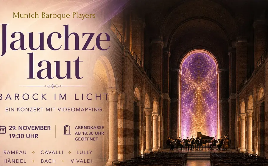 Plakat Jauchze laut – Barock im Licht der Munich Baroque Players mit einer barocken Kirchenhalle, beleuchtetem Orchester vor einem violetten Lichtmotiv im Altarraum sowie Veranstaltungsangaben und Komponistennamen auf der linken Seite