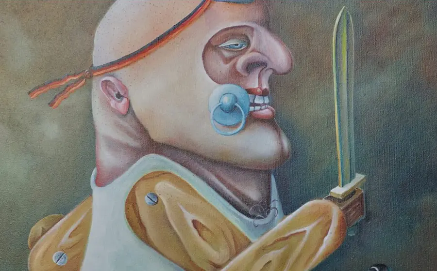 Gemälde einer stilisierten Figur im Profil mit markantem Gesicht und Kopfbedeckung, hält ein Schwert, künstlerisches Bild im surrealen Stil für ein Theaterprojekt Macbeth Reloaded.