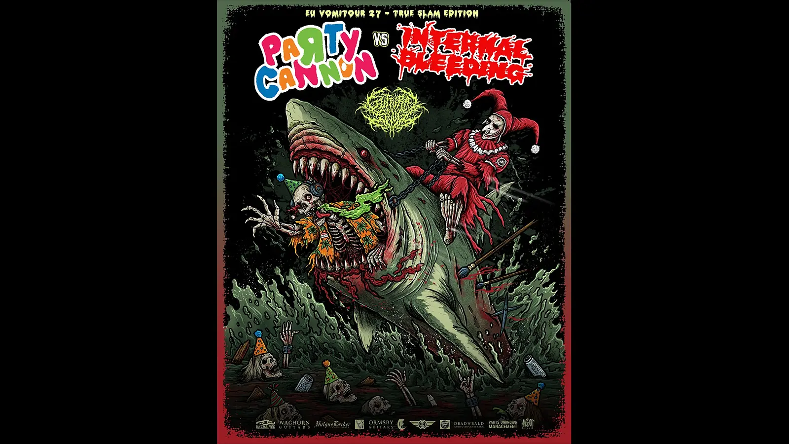 Plakat von Party Cannon vs. Mental Cruelty mit illustrativem Monsterhai, der aus dem Wasser springt, umgeben von Skeletten und Wellen, dazu eine rot gekleidete Narrenfigur auf dem Rücken des Hais sowie die Bandlogos von Party Cannon und Mental Cruelty vor schwarzem Hintergrund