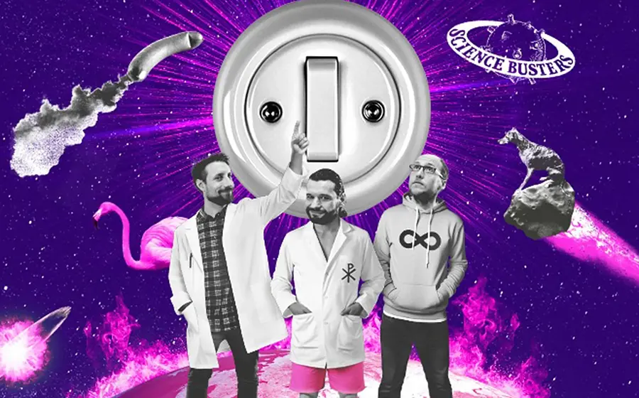 Grafik mit den Science Busters in lila und schwarz-weiß