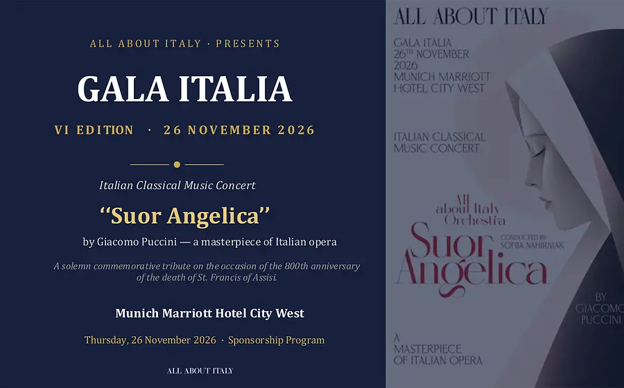 Plakat Gala Italia VI Edition mit dunkelblauem Informationsfeld und Veranstaltungsangaben auf der linken Seite sowie stilisiertem Porträt einer Ordensschwester auf hellem Hintergrund rechts, ergänzt durch den Titel Suor Angelica von Giacomo Puccini und weitere Programminformationen in einem zweigeteilten Layout.