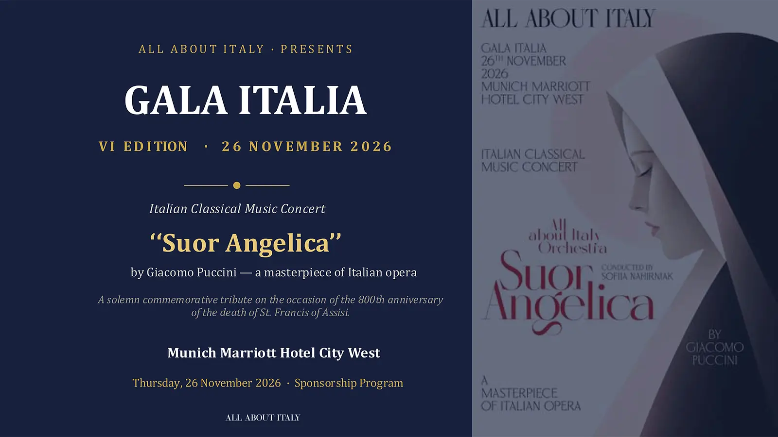 Plakat Gala Italia VI Edition mit dunkelblauem Informationsfeld und Veranstaltungsangaben auf der linken Seite sowie stilisiertem Porträt einer Ordensschwester auf hellem Hintergrund rechts, ergänzt durch den Titel Suor Angelica von Giacomo Puccini und weitere Programminformationen in einem zweigeteilten Layout.