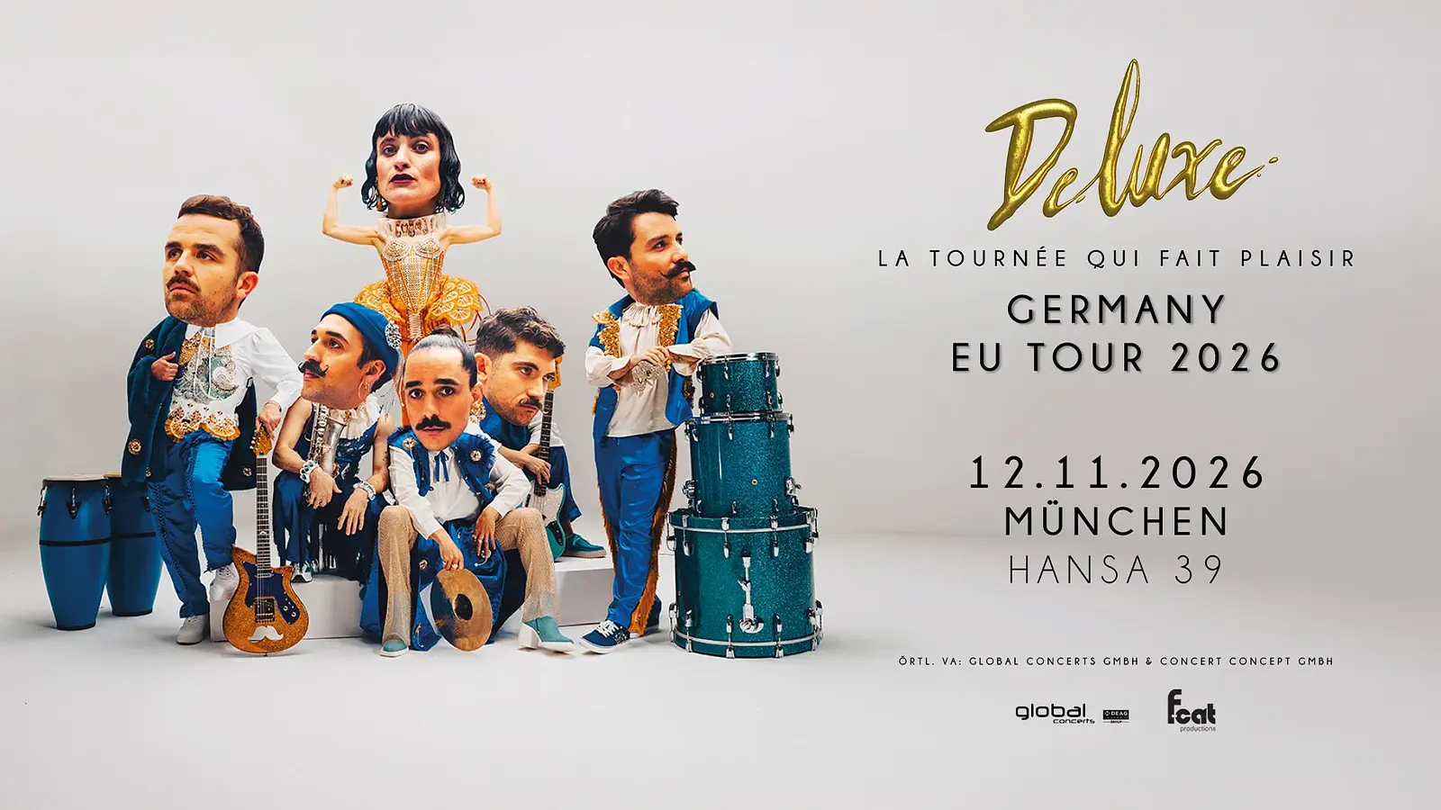 Bandportrait von Deluxe mit überzeichneten Köpfen in bunten Bühnenoutfits und Instrumenten, kreatives Poster zur EU Tour 2026 in München im Hansa 39