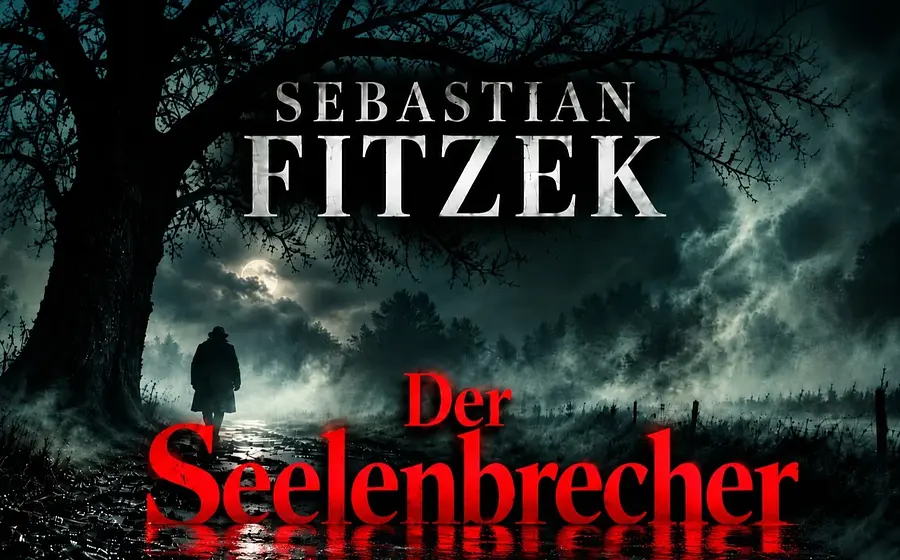 Plakatmotiv mit den Aufschriften Sebastian Fitzek und Der Seelenbrecher. Zu sehen ist eine dunkle Waldlandschaft bei Nacht mit Nebel, einem großen kahlen Baum, einer einzelnen Person auf einem Weg und einem hellen Mond im Hintergrund.