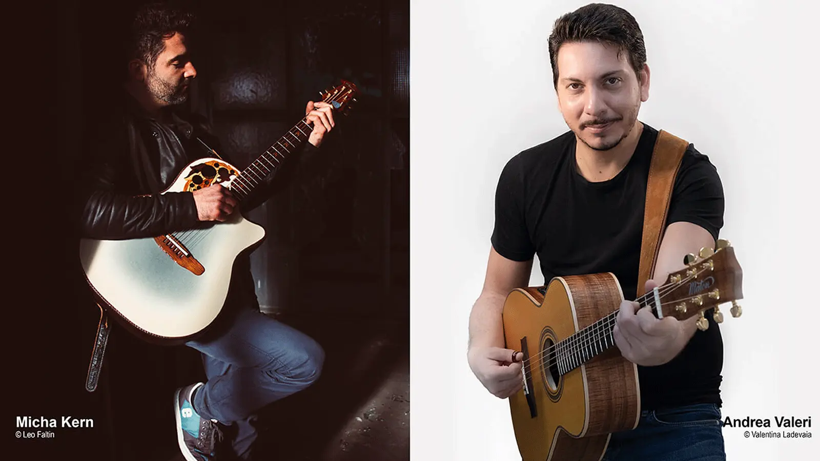 Links ist Micha Kern mit einer weißen Akustikgitarre vor dunkem Hintergrund. Rechts ist Andrea Valeri mit einer braunen Akustikgitarre vor hellem Hintergrund.