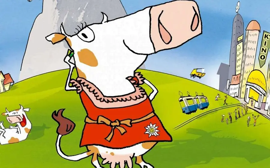 Illustration einer animierten Kuh auf einer Wiese mit einer Stadt im Hintergrund, einer Straßenbahn, einem Kino und einer anderen lachenden Kuh, die auf dem Boden liegt