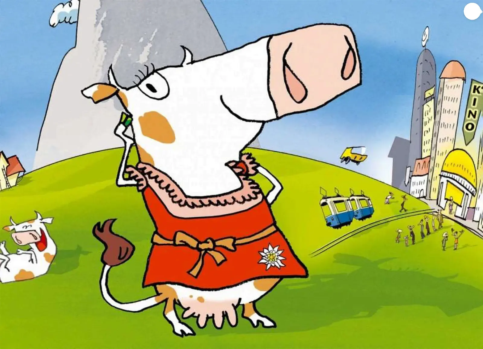 Illustration einer animierten Kuh auf einer Wiese mit einer Stadt im Hintergrund, einer Straßenbahn, einem Kino und einer anderen lachenden Kuh, die auf dem Boden liegt