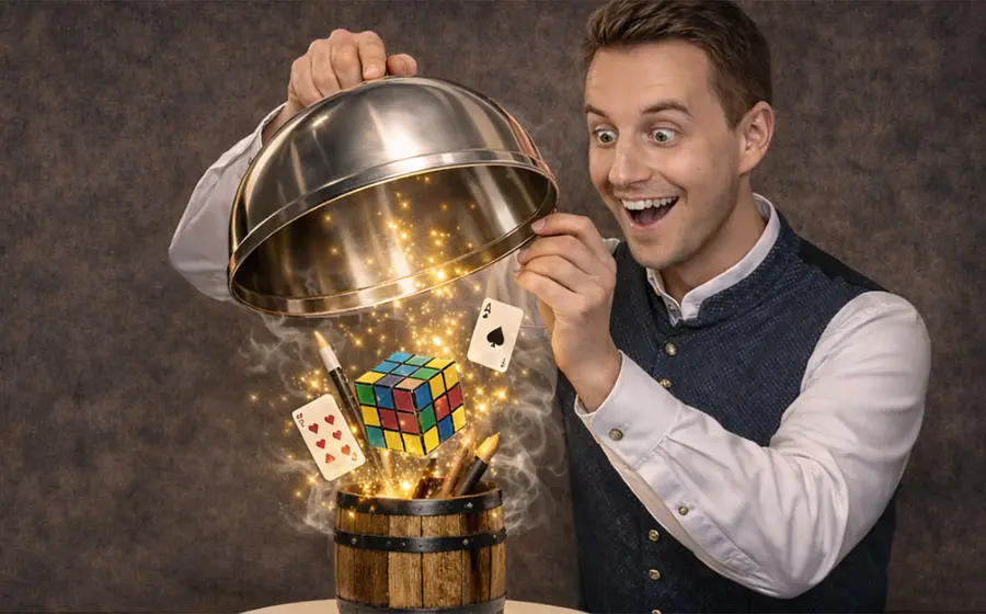 Promotionsbild zum Magic‑Dinner „FASSzination“: Eine Person hebt einen Metall‑Servierdeckel über einem kleinen Fass an, aus dem leuchtende Funken, Spielkarten, ein Zauberstab und ein schwebender Zauberwürfel aufsteigen; Studioaufnahme vor neutralem Hintergrund, symbolisiert Zauberkunst und Entertainment beim Erlebnisdinner.