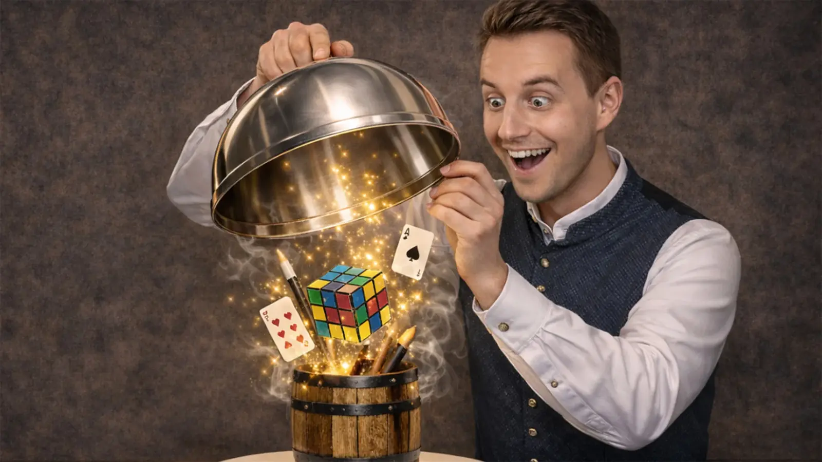 Promotionsbild zum Magic‑Dinner „FASSzination“: Eine Person hebt einen Metall‑Servierdeckel über einem kleinen Fass an, aus dem leuchtende Funken, Spielkarten, ein Zauberstab und ein schwebender Zauberwürfel aufsteigen; Studioaufnahme vor neutralem Hintergrund, symbolisiert Zauberkunst und Entertainment beim Erlebnisdinner.