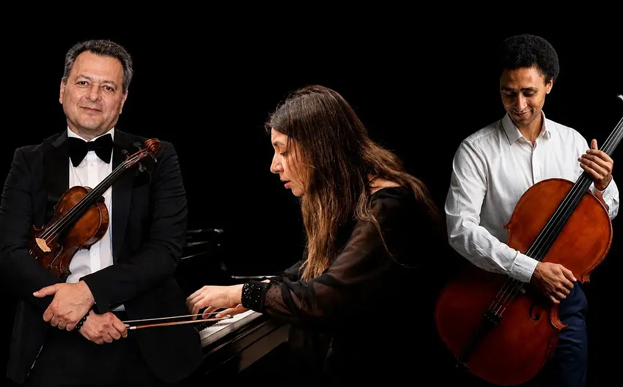Collage von drei Personen vor schwarzem Hintergrund, mit einer Person am Flügel, einer Person mit Violine im dunklen Anzug und einer Person mit Violoncello im weißen Hemd, jeweils vor ihren Instrumenten positioniert.